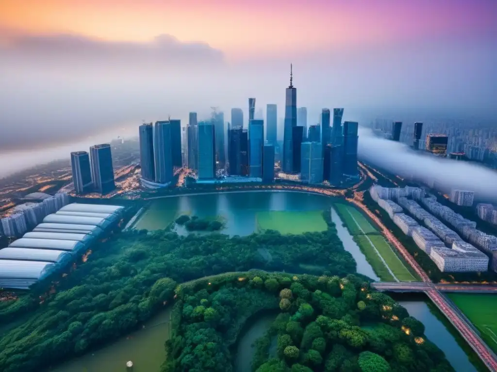 Metrópolis vibrante: fusión arquitectónica en inversión inmobiliaria global Vista aérea impresionante de una bulliciosa ciudad con rascacielos, espacios verdes y agua