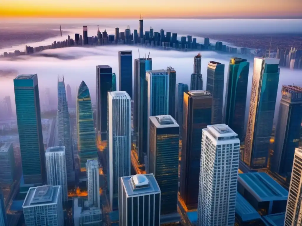 Metrópolis multicultural: diversidad arquitectónica en el atardecer Una vista aérea impresionante de una bulliciosa ciudad con rascacielos de diferentes estilos arquitectónicos y culturas