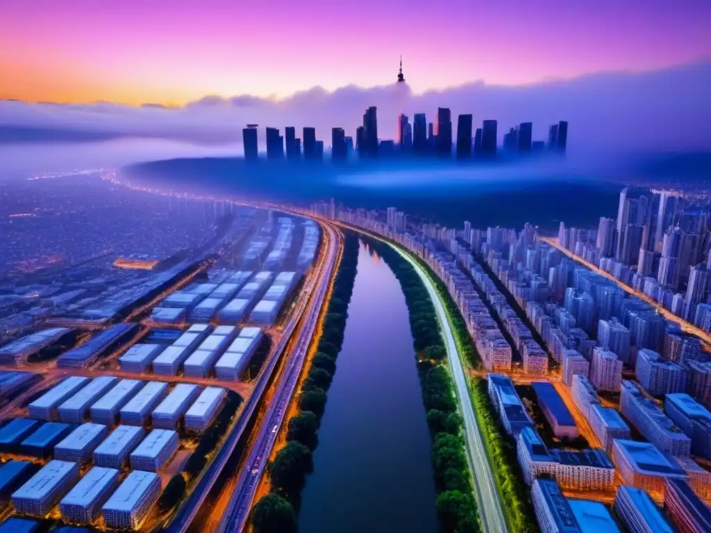 Metrópolis moderna: ciudad en crepúsculo rodeada de naturaleza Una vista aérea impresionante de una bulliciosa ciudad, con rascacielos, calles transitadas y autopistas iluminadas por un atardecer dorado