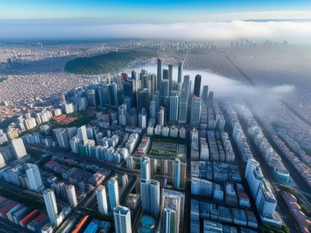 Metrópolis vibrante: Desarrollo urbano en Latinoamérica Vista aérea impresionante de una bulliciosa ciudad en América Latina, con rascacielos modernos y calles llenas de vida