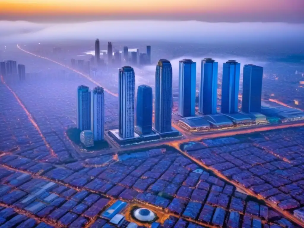Skyline moderno y vibrante de una ciudad en África subsahariana Vista aérea impresionante de una bulliciosa ciudad en África subsahariana, con un horizonte moderno y personas en la vida diaria