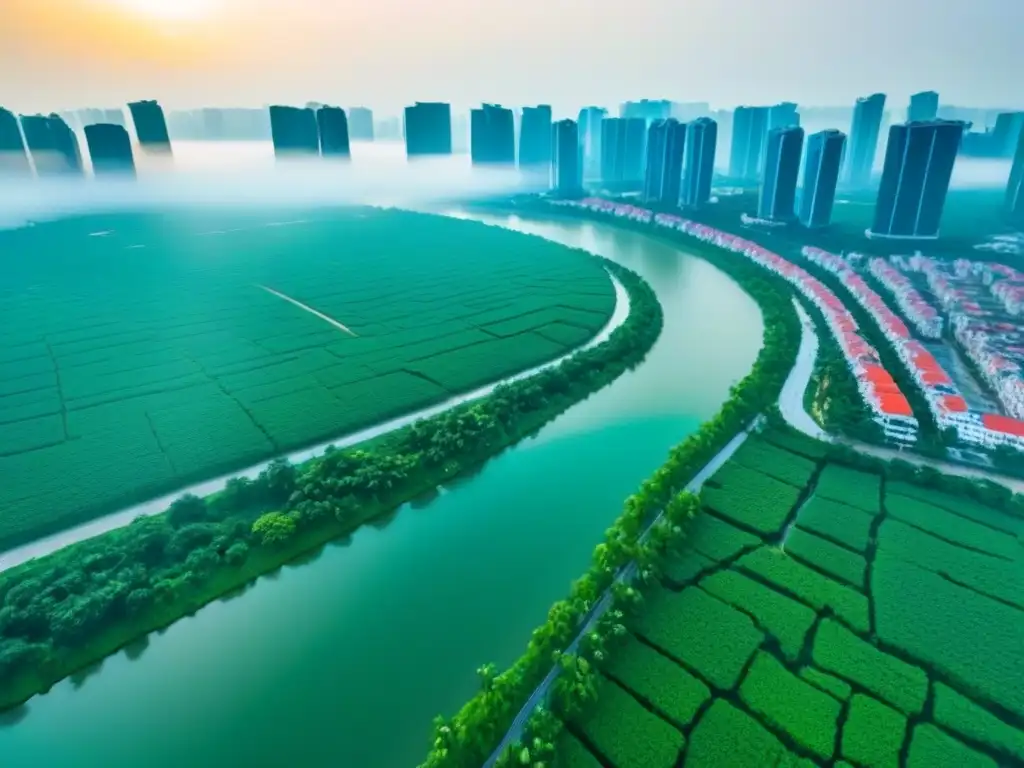 Horizonte urbano vibrante: arquitectura moderna y naturaleza en Vietnam Vista aérea impresionante de la bulliciosa ciudad de Vietnam, fusionando modernidad y naturaleza
