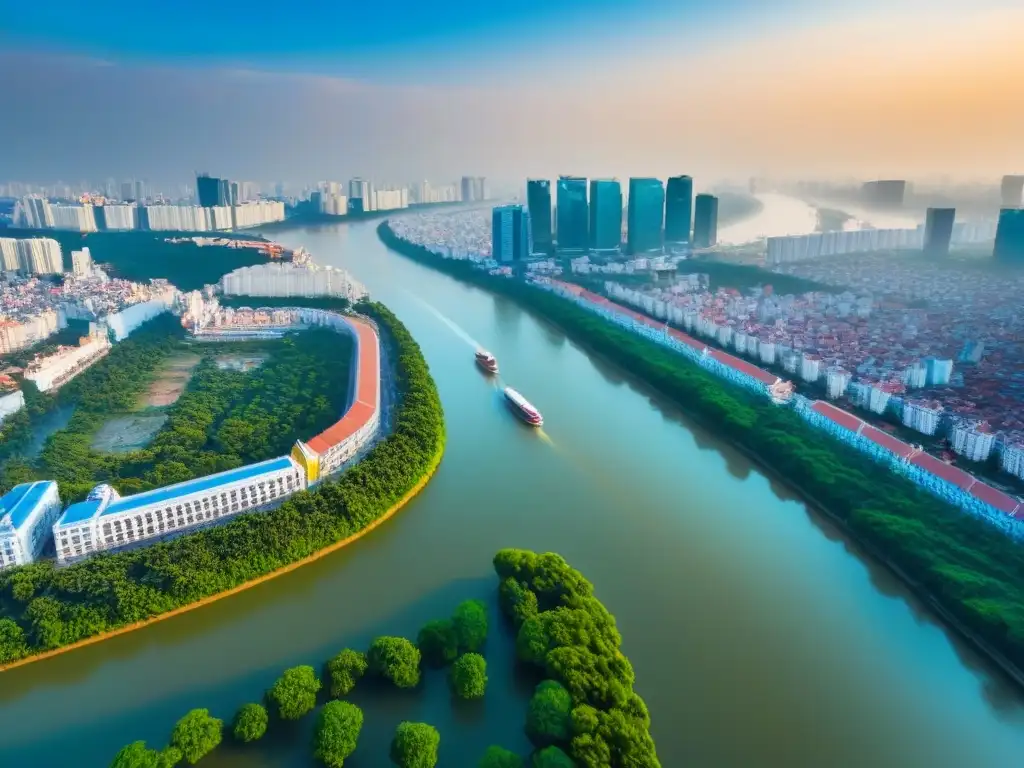 Vibrante Ho Chi Minh: Ciudad antigua y moderna se funden en un skyline impresionante Vista aérea impresionante de la bulliciosa ciudad de Ho Chi Minh en Vietnam, con pagodas antiguas y rascacielos modernos