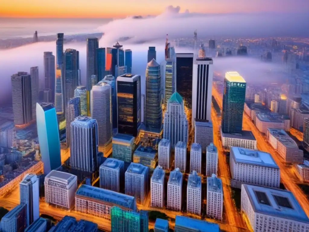 Horizonte urbano al atardecer: evolución dinámica del mercado inmobiliario Una vista aérea impresionante de un bullicioso skyline urbano al atardecer, mezclando rascacielos modernos y edificios históricos, simbolizando la evolución dinámica del mercado inmobiliario internacional y la intersección de tradición e innovación en paisajes urbanos