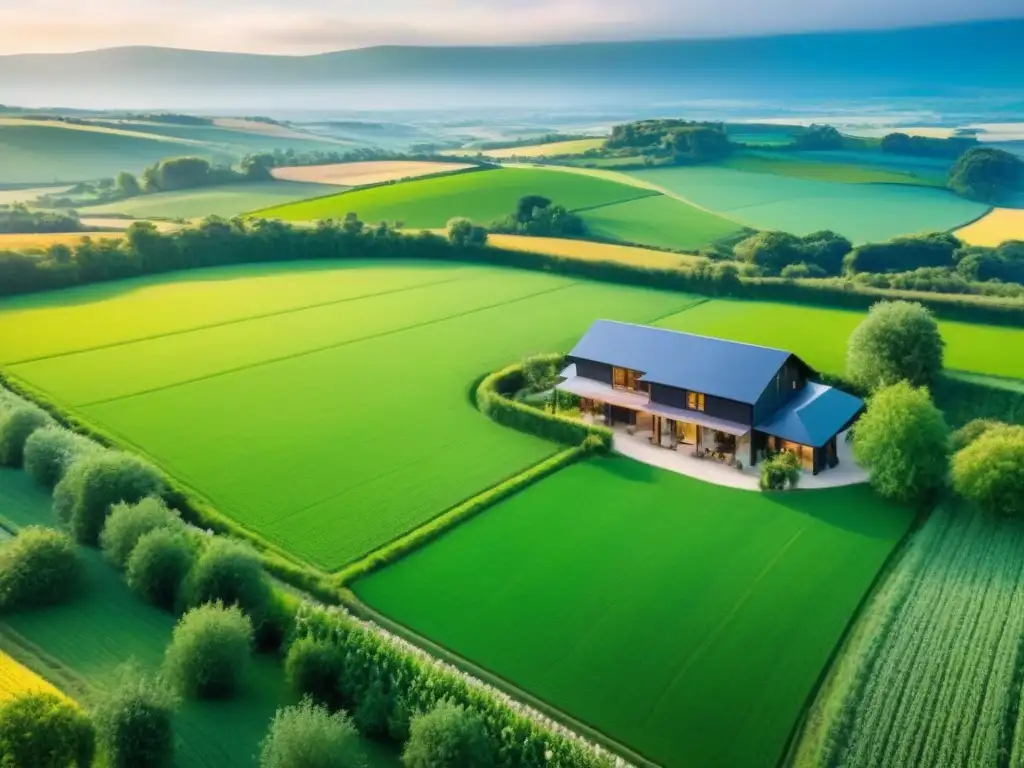 Vista aérea: lujosa finca en campo verde sereno Vista aérea impresionante de campo verde con colinas y ríos, destaca moderna casa de lujo