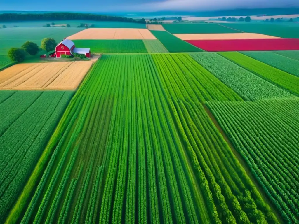 Espléndida vista aérea de campos agrícolas en Norteamérica Vista aérea impresionante de campos verdes en desarrollo rural Norteamérica, con granja y granero rojo al fondo