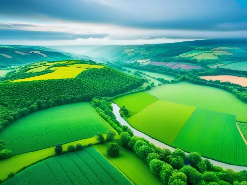 Inversión en propiedades rurales: belleza y potencial Vista aérea impresionante de campos verdes y río sereno, ideales para mejores propiedades rurales inversión global