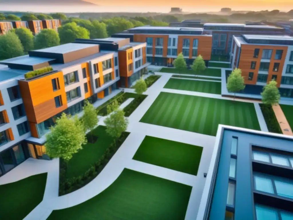 Inversión rentable: Campus universitario moderno y vibrante Vista aérea impresionante de un campus universitario rodeado de viviendas estudiantiles vibrantes