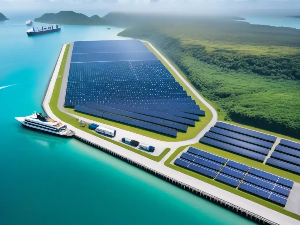 Centro logístico en isla privada: eficiencia bajo el sol tropical Vista aérea impresionante de un centro logístico en isla privada innovadora, con instalaciones de vanguardia y vehículos eléctricos