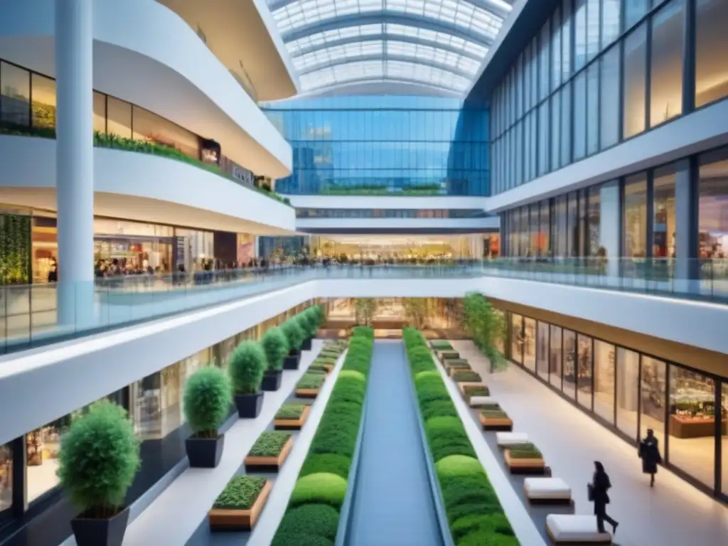 Centro comercial futurista: energía y sofisticación en la ciudad Vista aérea impresionante de un centro comercial futurista en una ciudad vibrante