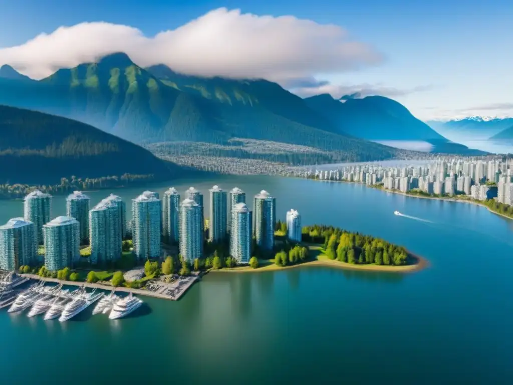 Esplendor urbano en Vancouver: rascacielos y montañas Vista aérea impresionante del centro de Vancouver, Canadá, con su icónico horizonte y montañas de North Shore