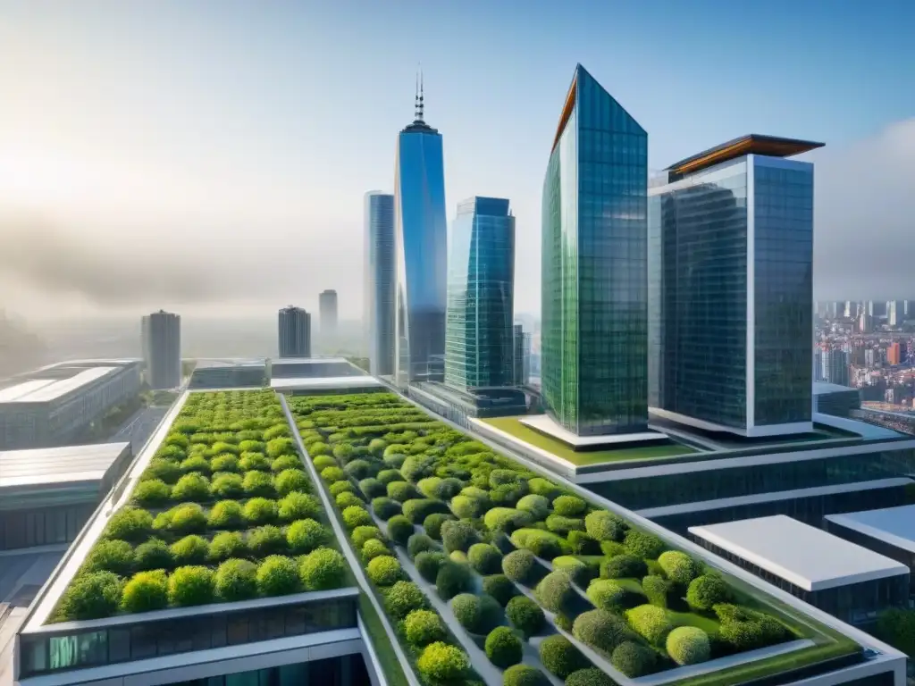 Moderno horizonte urbano ecoamigable: edificios LEED y BREEAM certificados Vista aérea impresionante de Certificaciones LEED y BREEAM propiedades con arquitectura moderna y sostenible, resaltando la conciencia ambiental