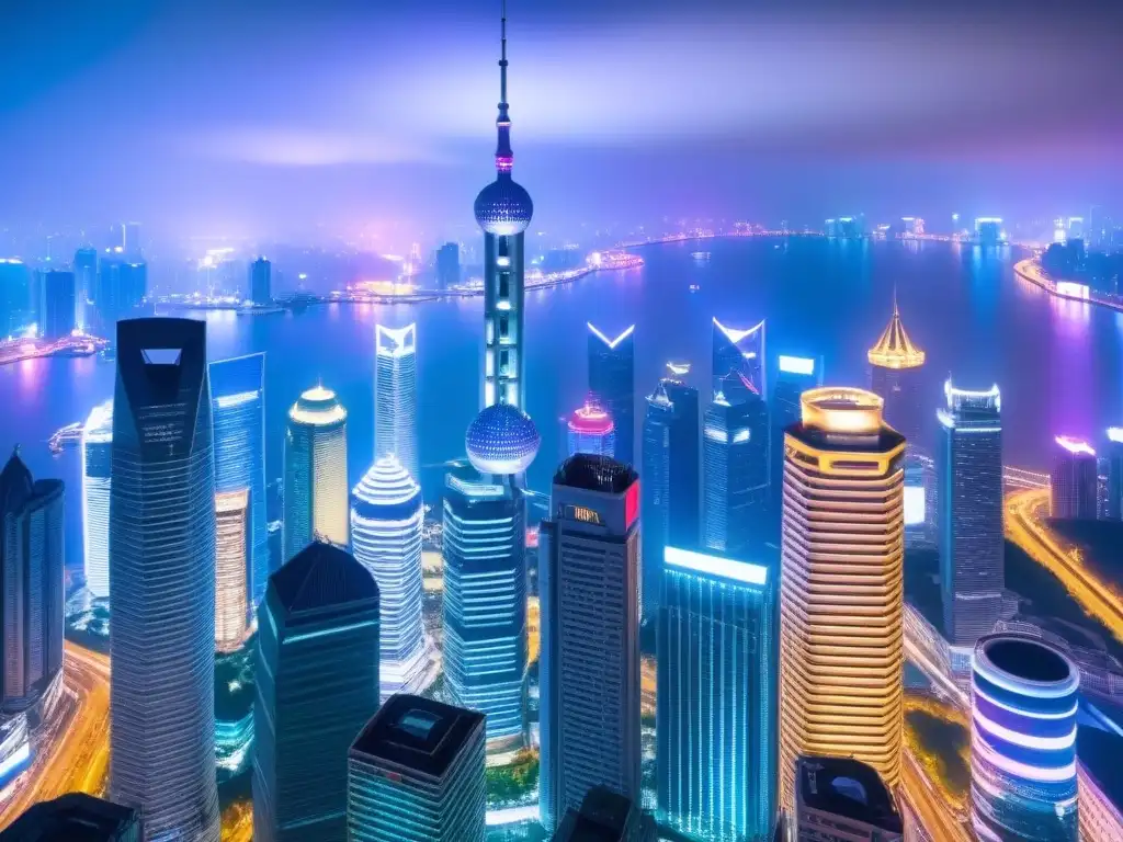 Esplendor nocturno: luces y arquitectura futurista en Shanghai Vista aérea impresionante de Shanghai, China, con rascacielos y luces neón, simbolizando propiedades de lujo en megaciudades asiáticas