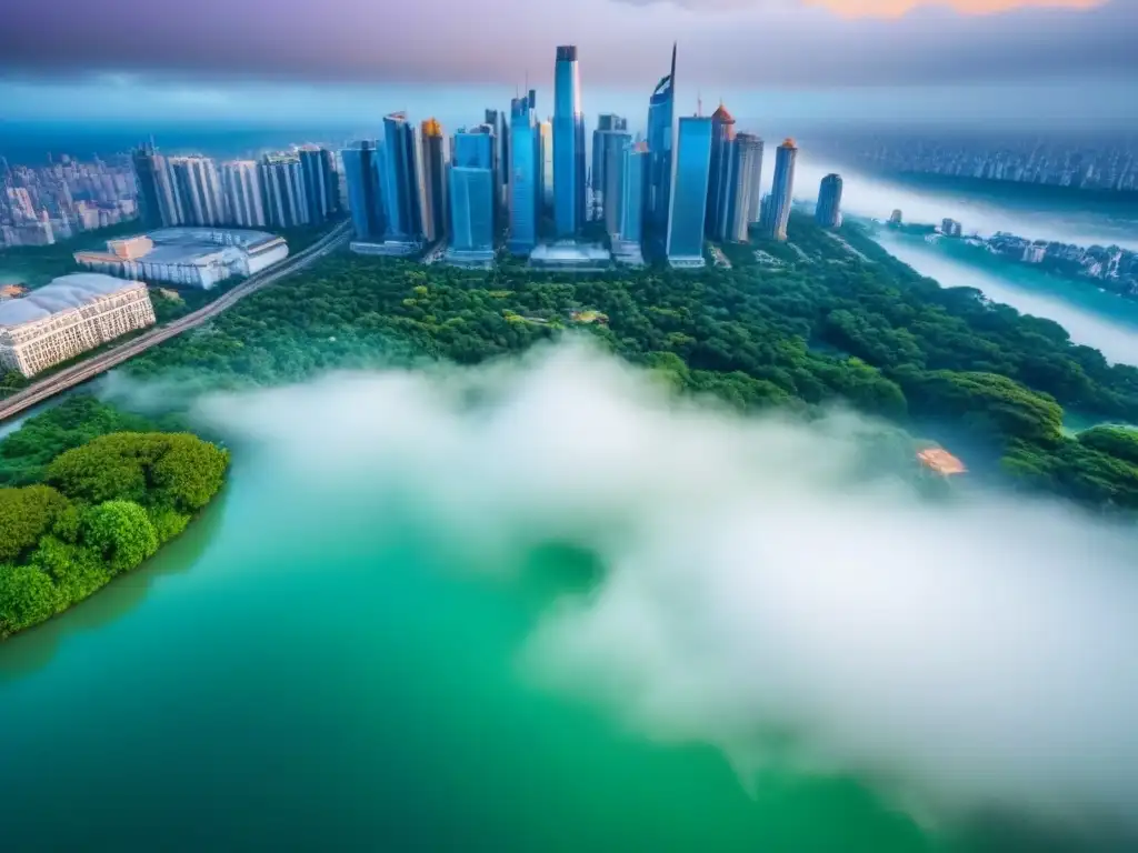 Metrópolis vibrante: oportunidades de inversión inmobiliaria internacional Vista aérea impresionante de una ciudad bulliciosa con rascacielos, arquitectura moderna e histórica, rodeada de parques verdes y cuerpos de agua