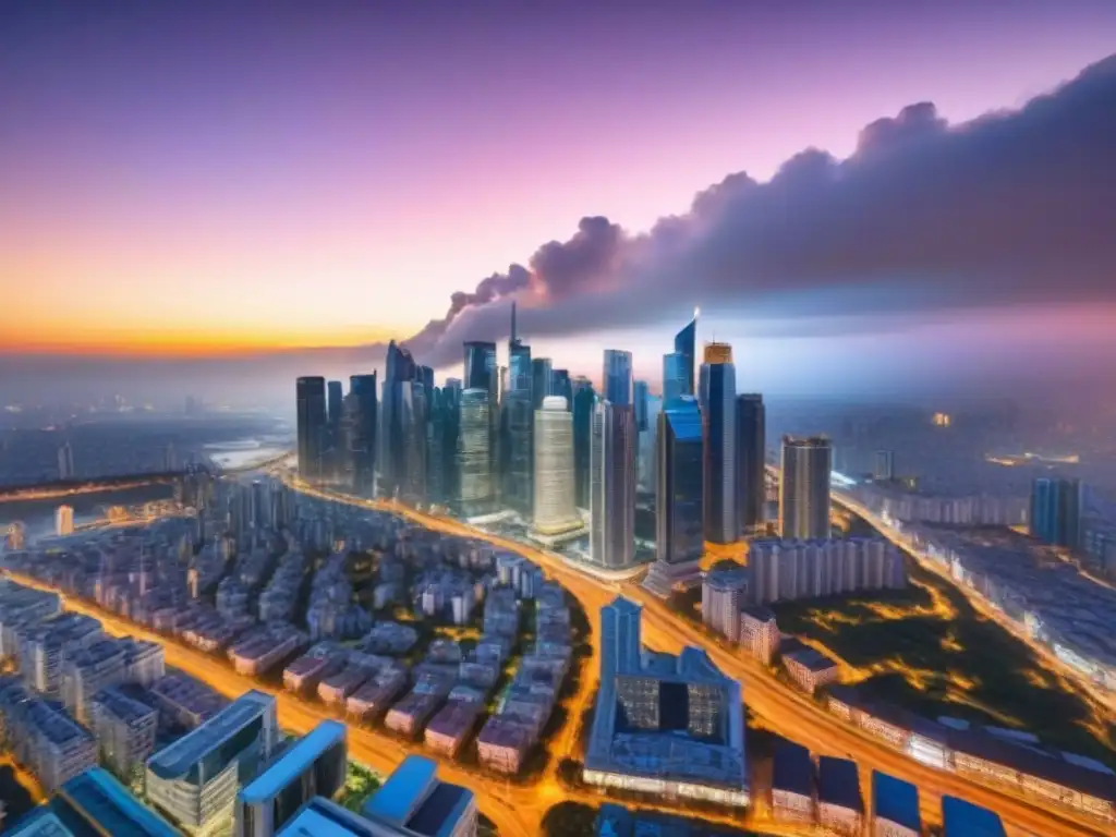 Horizonte urbano vibrante: mercado inmobiliario internacional en auge Vista aérea impresionante de una ciudad con rascacielos, simbolizando el dinamismo del mercado inmobiliario internacional