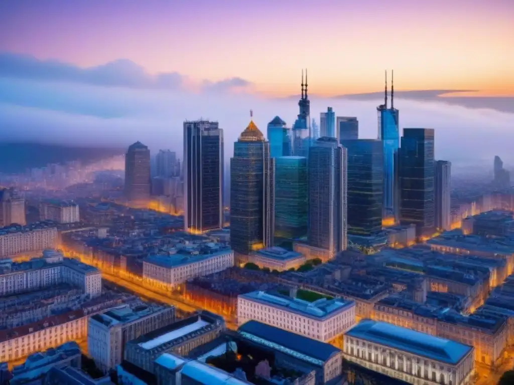 Contraste arquitectónico: ciudad moderna y antigua iluminadas al anochecer Vista aérea impresionante de la ciudad al anochecer, reflejando la fusión de edificios modernos e históricos iluminados por luces cálidas