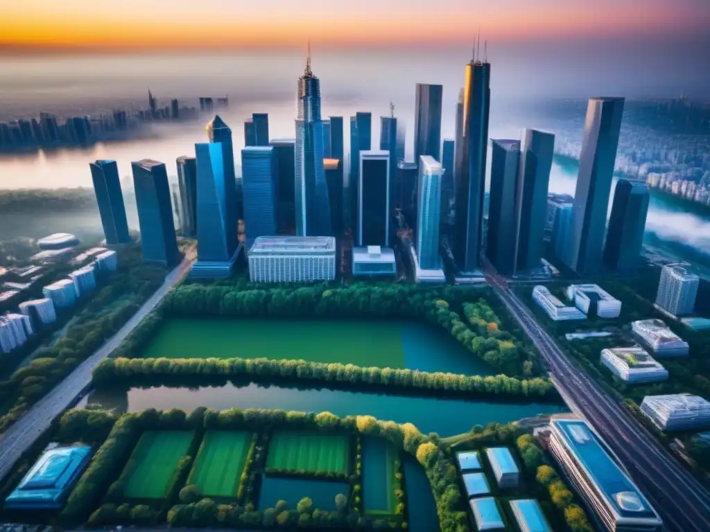 Skyline urbano al amanecer: oportunidad de inversión inmobiliaria Vista aérea impresionante de la ciudad al amanecer, con rascacielos modernos reflejando la luz dorada del sol