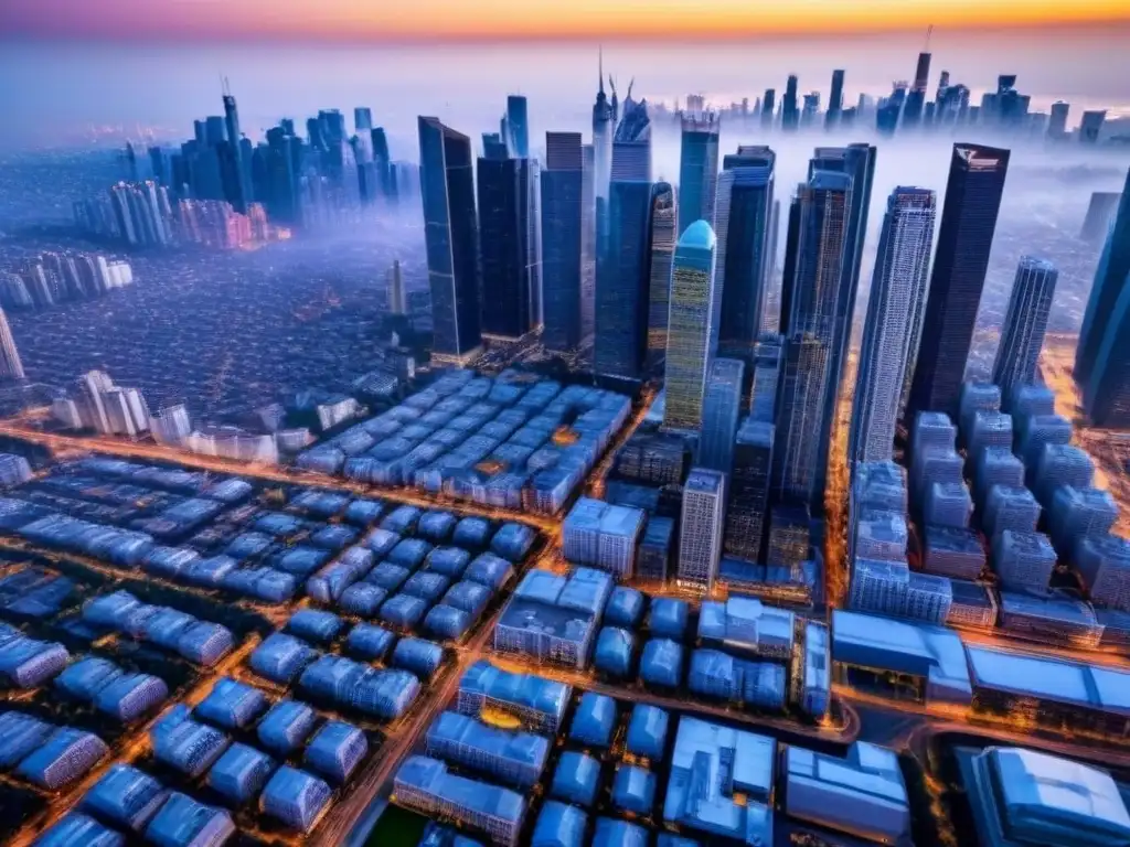 Vista aérea impresionante de una ciudad moderna y vibrante Vista aérea impresionante de una ciudad bulliciosa con rascacielos imponentes y un vibrante mercado inmobiliario global análisis