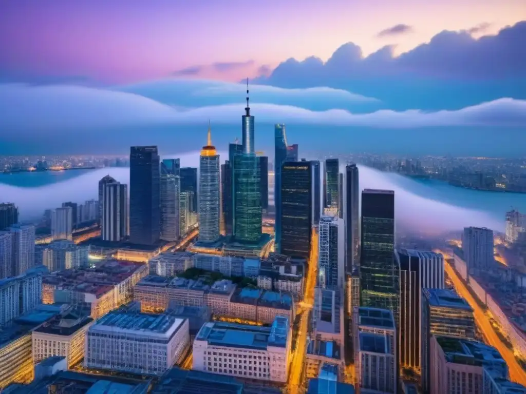 Vista aérea de ciudad moderna al anochecer: luces y potencial inmobiliario Vista aérea impresionante de una ciudad vibrante al anochecer, con rascacielos iluminados
