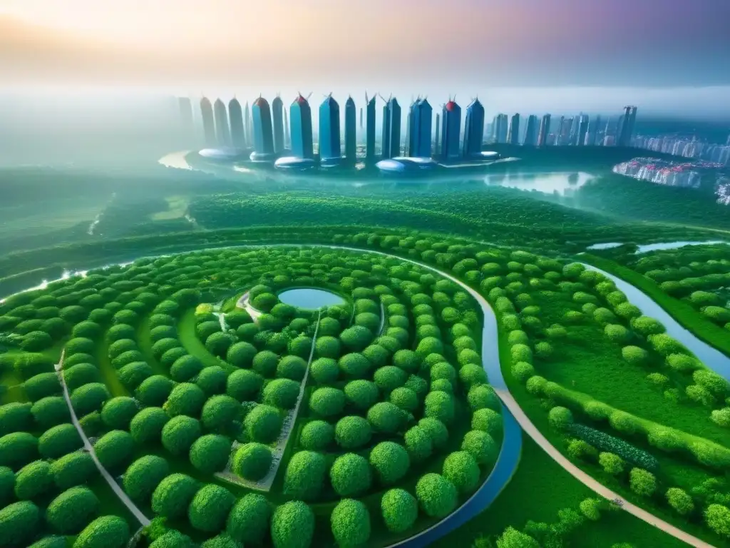 Metrópolis sostenible del futuro: innovación verde Una vista aérea impresionante de una ciudad futurista sostenible, con edificios verdes innovadores y energía renovable