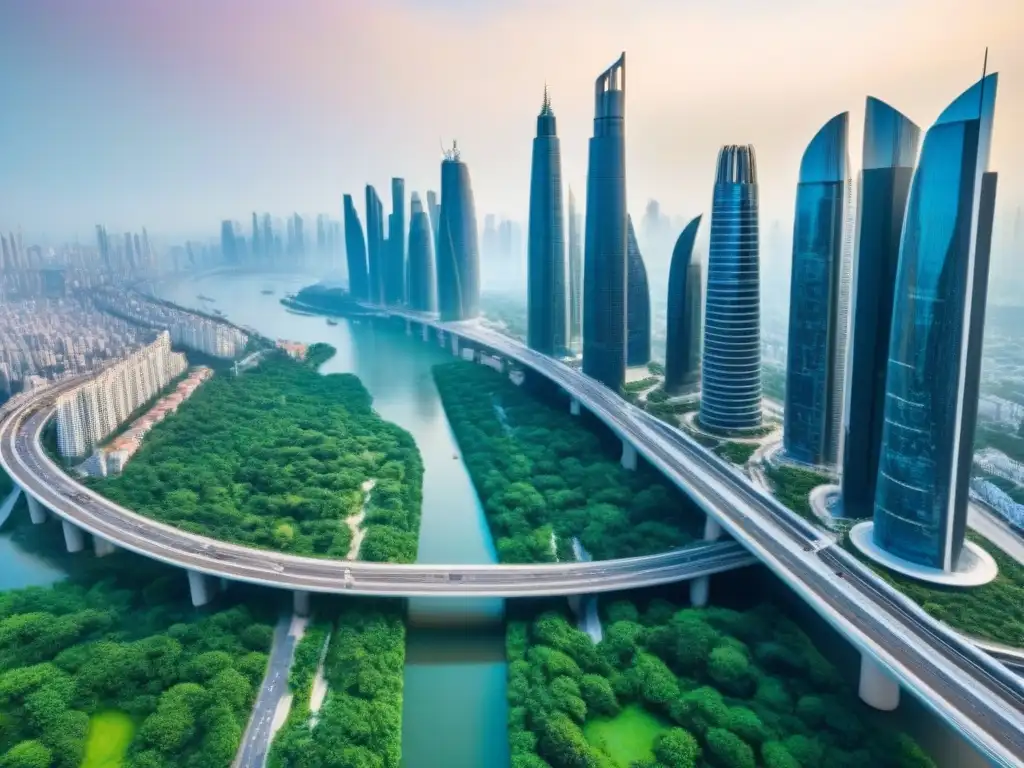 Metrópolis futurista: skyline innovador y eco-friendly Vista aérea impresionante de una ciudad futurista, con rascacielos innovadores y diseño arquitectónico