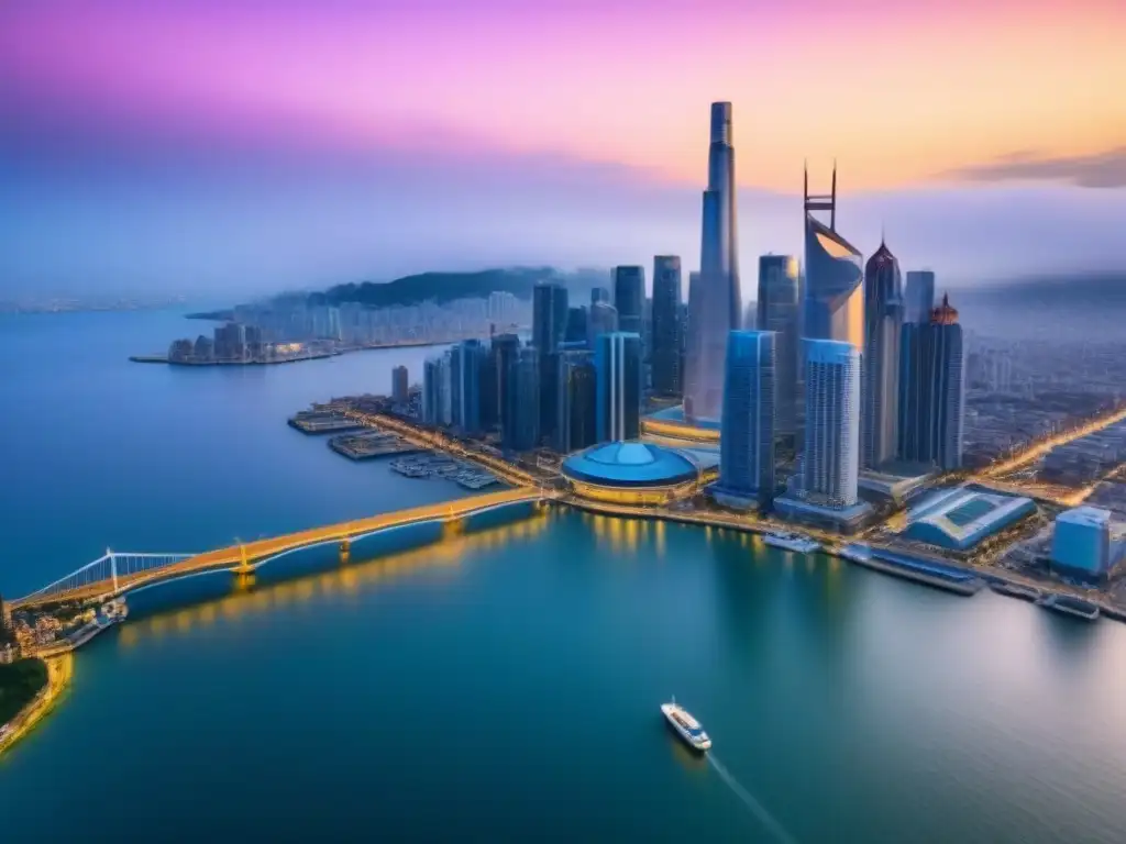 Espectacular panorama urbano: luces de la ciudad sobre el mar Vista aérea impresionante de una ciudad bulliciosa con rascacielos junto al agua, reflejando la globalización y retorno inversiones inmobiliarias