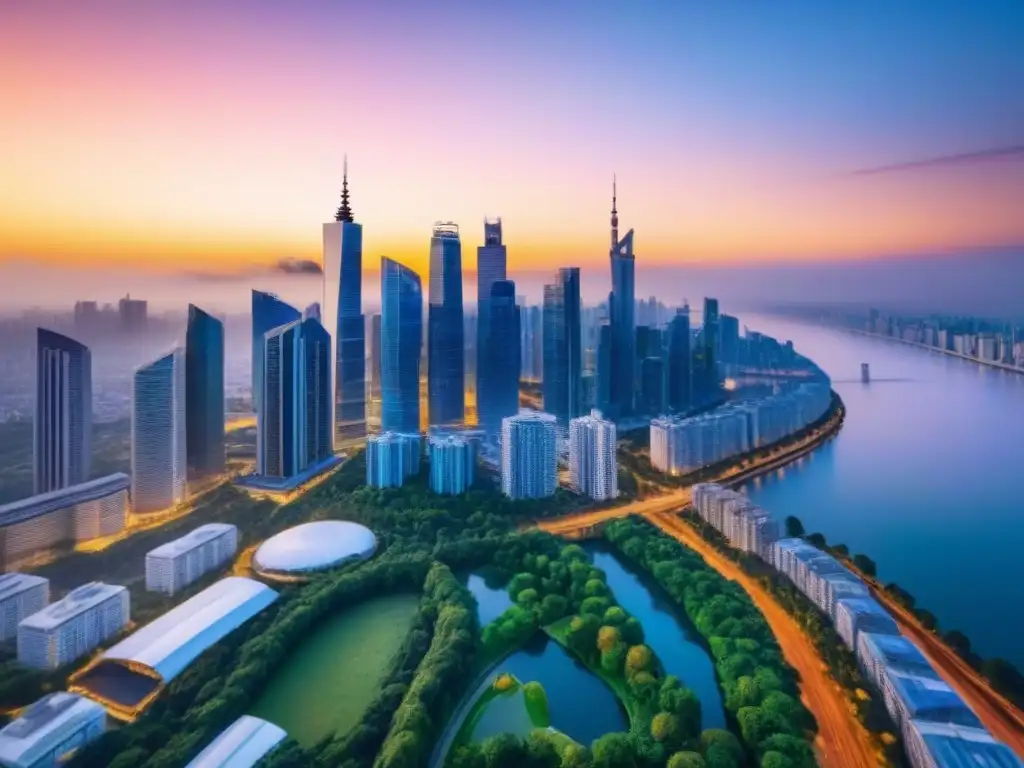 Atardecer deslumbrante de la ciudad: arquitectura moderna y naturaleza exuberante Vista aérea impresionante de una ciudad bulliciosa al atardecer, con modernos rascacielos y diseño arquitectónico