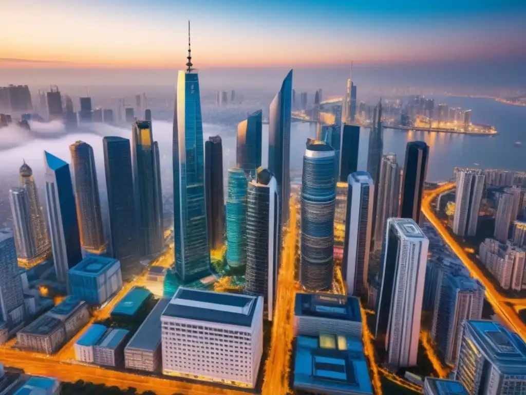 Skyline urbano de lujo: atractivo mercado inmobiliario internacional Vista aérea impresionante de una ciudad vibrante con rascacielos modernos, reflejando la inversión inmobiliaria internacional para Millennials