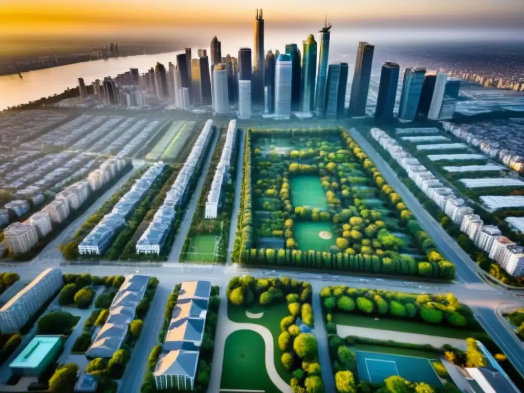 Vista aérea impactante de la ciudad: modernidad y prosperidad Vista aérea impresionante de la ciudad, con una mezcla de rascacielos, edificios residenciales, calles llenas de gente y autos