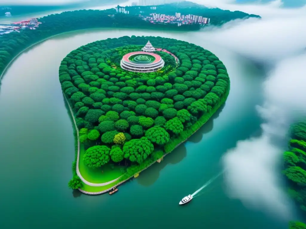 Vibrante ciudad asiática: arquitectura tradicional y moderna Vista aérea impresionante de una ciudad asiática bulliciosa con rascacielos y naturaleza exuberante