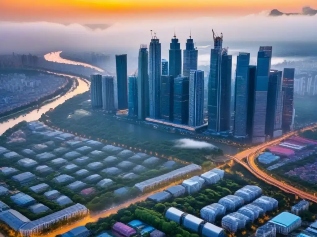 Metrópolis vibrante al atardecer: oportunidades de inversión inmobiliaria Vista aérea impresionante de una ciudad vibrante al atardecer, con rascacielos iluminados por un cálido y dorado atardecer