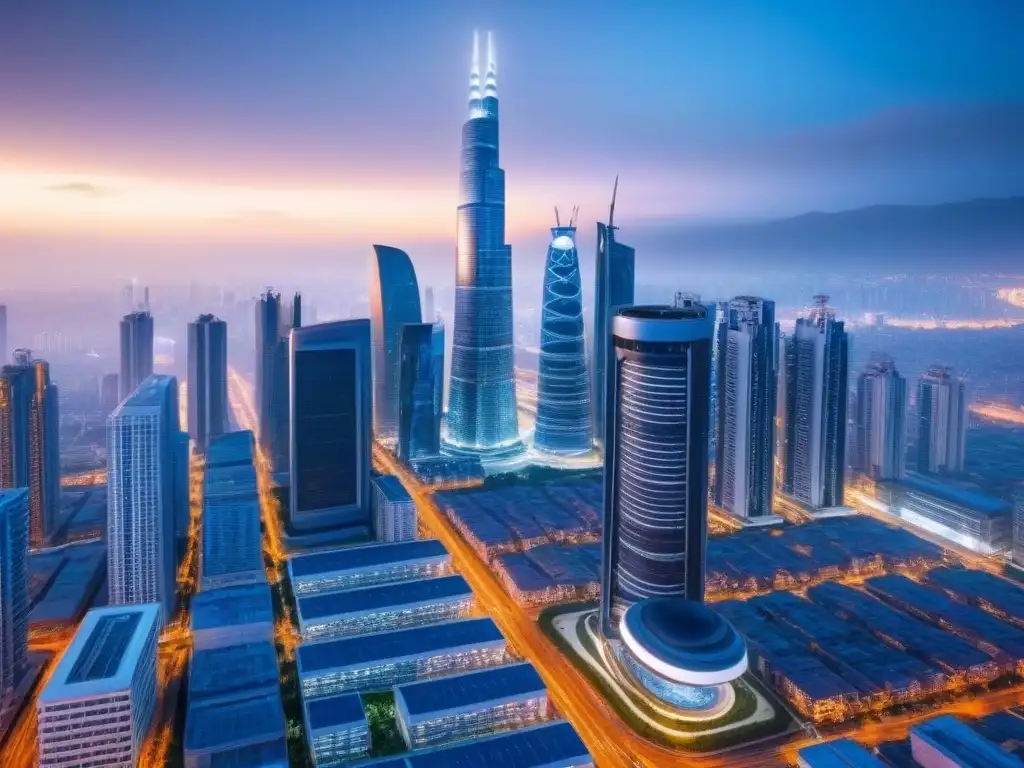 Futurista ciudad con seguridad avanzada y cifrado en inversión inmobiliaria Una vista aérea impresionante de una ciudad futurista con rascacielos elegantes, calles iluminadas y sistemas de seguridad avanzados integrados en la arquitectura