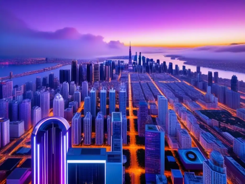 Metrópolis futurista: atardecer vibrante en la ciudad de cristal Vista aérea impresionante de una ciudad futurista con rascacielos modernos y un cielo vibrante al atardecer