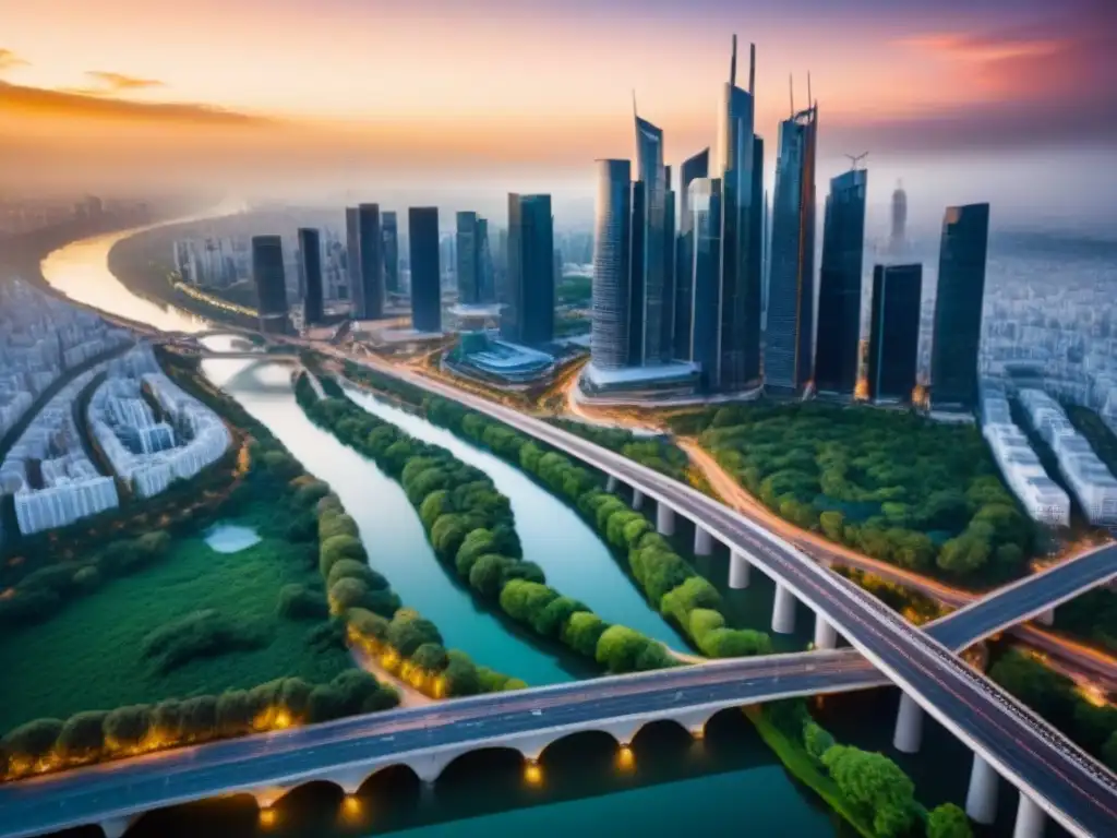 Vista aérea impresionante de ciudad moderna al atardecer Vista aérea impresionante de una ciudad moderna con rascacielos y parques verdes, iluminada por el sol poniente
