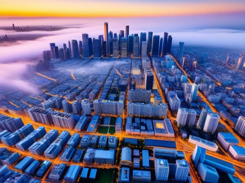 Metrópolis digital: vibrante mercado inmobiliario urbano Vista aérea impresionante de ciudad moderna con rascacielos y bulliciosas calles, reflejando la dinámica del mercado inmobiliario