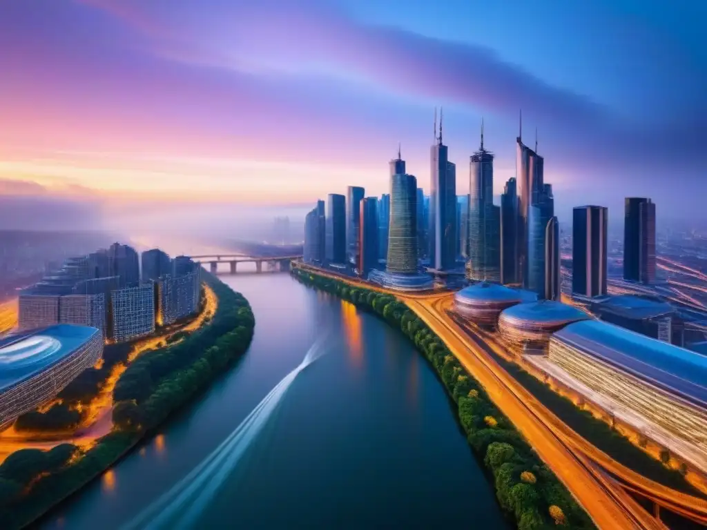 Espectacular vista aérea de ciudad moderna al atardecer Vista aérea impresionante de una ciudad iluminada al atardecer, mezcla de modernidad y naturaleza