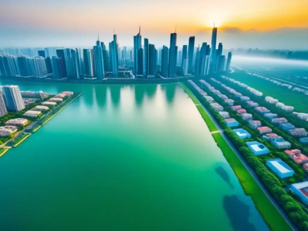 Metrópolis multicultural: ciudad moderna y diversa Vista aérea impresionante de una ciudad diversa con rascacielos modernos de diferentes estilos, rodeados de parques verdes y cuerpos de agua