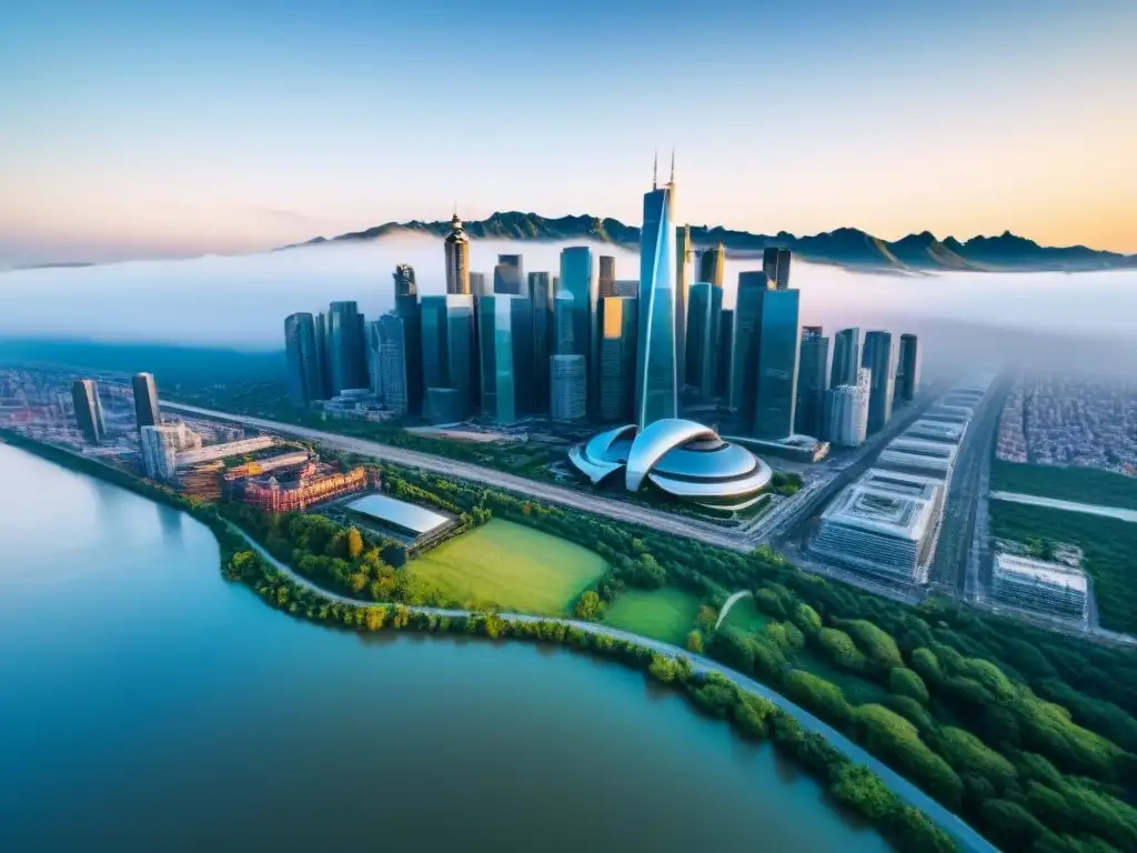 Metrópolis en crecimiento: arquitectura moderna y naturaleza Vista aérea impresionante de una ciudad con rascacielos junto a un río, rodeada de montañas, bajo un cielo azul