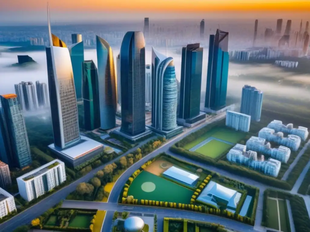 Esplendor urbano: paisaje dorado de la ciudad moderna Vista aérea impresionante de la ciudad con rascacielos modernos y espacios verdes al atardecer