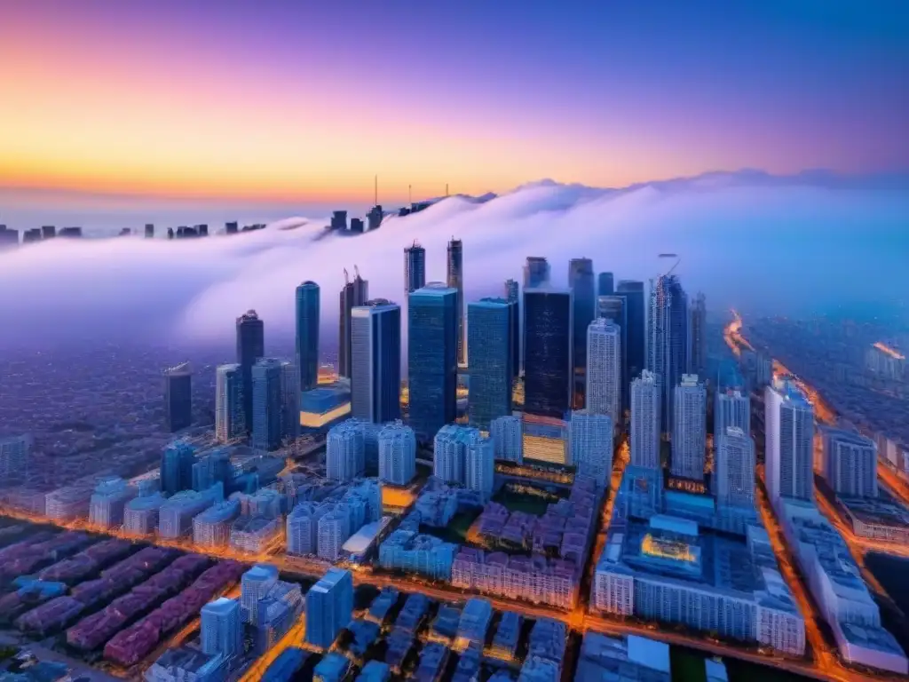 Luces nocturnas: Ciudad moderna en colores vibrantes Vista aérea impresionante de una ciudad moderna al anochecer, con rascacielos iluminados en colores vibrantes