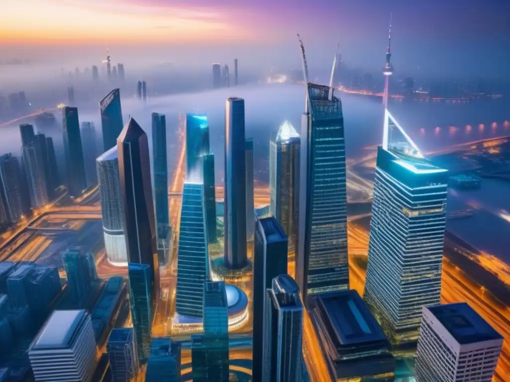 Vibrante ciudad global: Skylines y energía urbana Vista aérea impresionante de una ciudad bulliciosa con rascacielos imponentes y edificios modernos