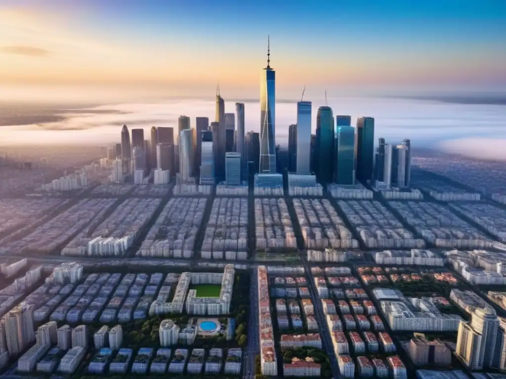 Metrópolis moderna: atardecer urbano entre rascacielos Vista aérea impresionante de una ciudad moderna al atardecer, reflejando vida urbana y arquitectura innovadora