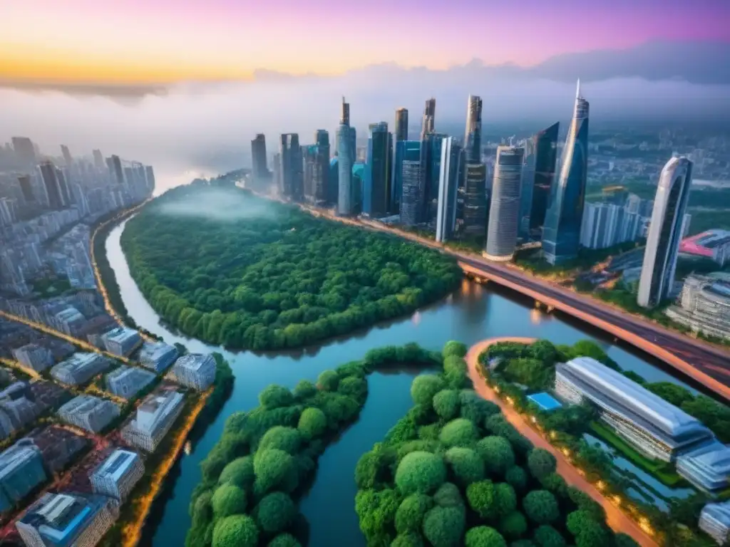 Vista aérea impactante de ciudad moderna al atardecer Vista aérea impresionante de una ciudad vibrante al anochecer, con rascacielos iluminados y tráfico fluido en las calles