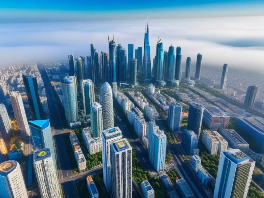 Metrópolis global: modernos rascacielos en cielo azul Vista aérea impresionante de una ciudad internacional con rascacielos modernos, reflejando la diversidad arquitectónica y cultural bajo un cielo azul