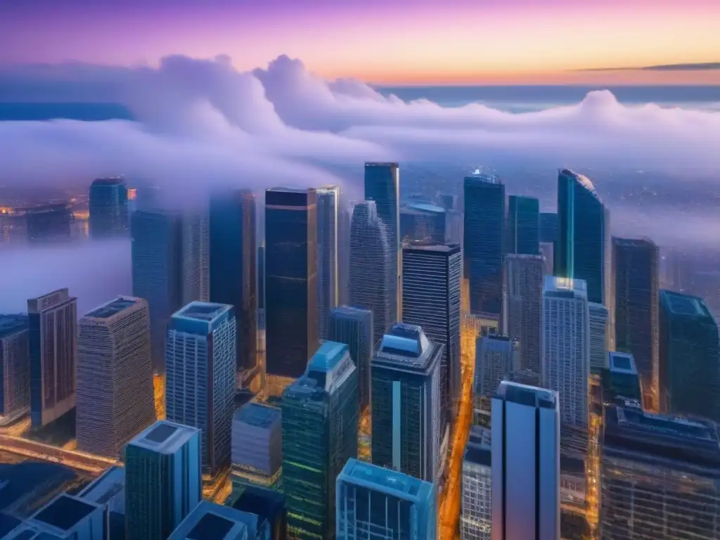 Esplendor urbano: skyline iluminado al anochecer Vista aérea impresionante de una ciudad iluminada al anochecer, muestra rascacielos modernos