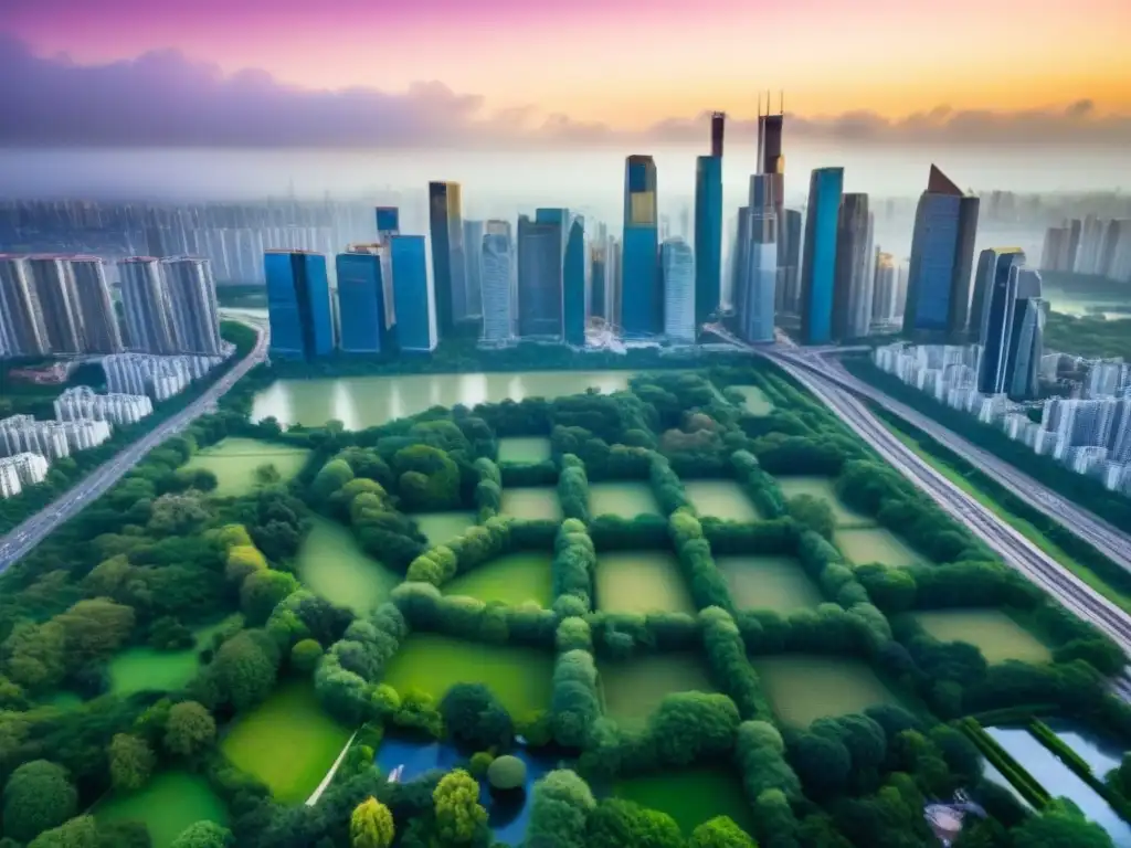 Metrópolis dinámica: oportunidades de inversión en REITs Vista aérea impresionante de ciudad con rascacielos modernos y parques verdes, reflejo de oportunidades REITs mercado inmobiliario