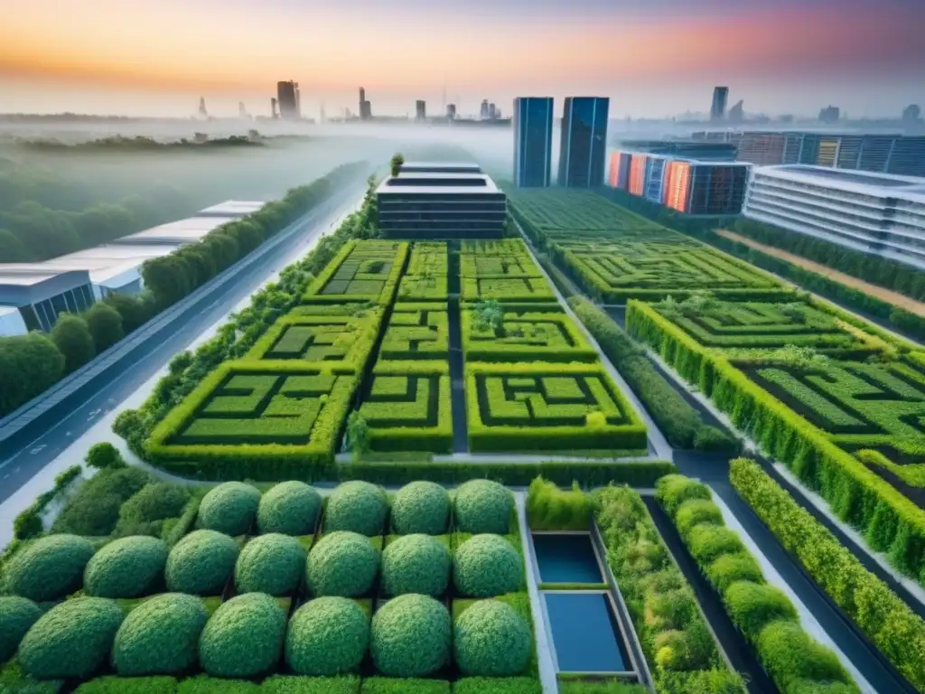Vista aérea impactante de ciudad sostenible con edificios verdes Vista aérea impresionante de ciudad sostenible con edificios verdes y jardines