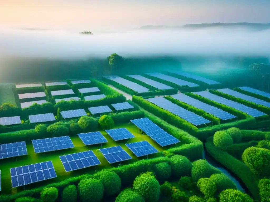 Cityscape sostenible: armonía verde y rentable en la inversión inmobiliaria Vista aérea impresionante de una ciudad sostenible con edificios verdes y paneles solares, fusionando inversiones inmobiliarias sostenibles rentables