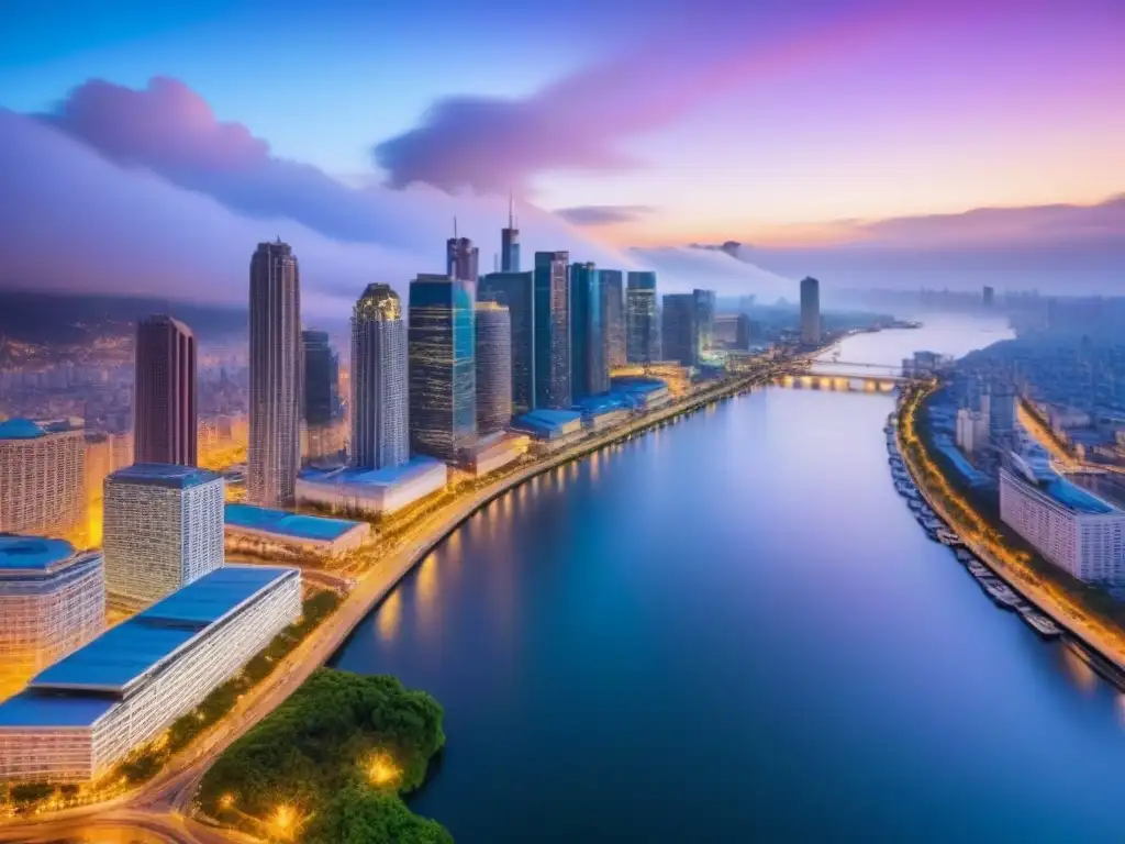 Horizonte urbano al atardecer: luces y arquitectura moderna en la ciudad Vista aérea impresionante de ciudad con rascacielos iluminados y río tranquilo al anochecer