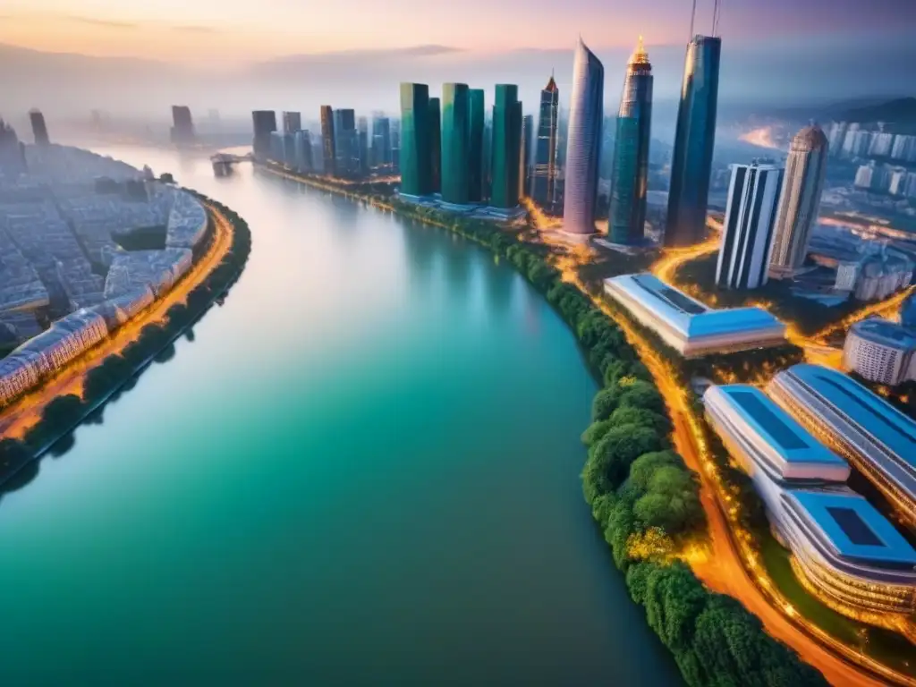 Horizonte urbano diverso: modernidad y tradición en una ciudad vibrante Vista aérea impresionante de una ciudad vibrante con arquitectura diversa y parques verdes, reflejando luces en el río al atardecer